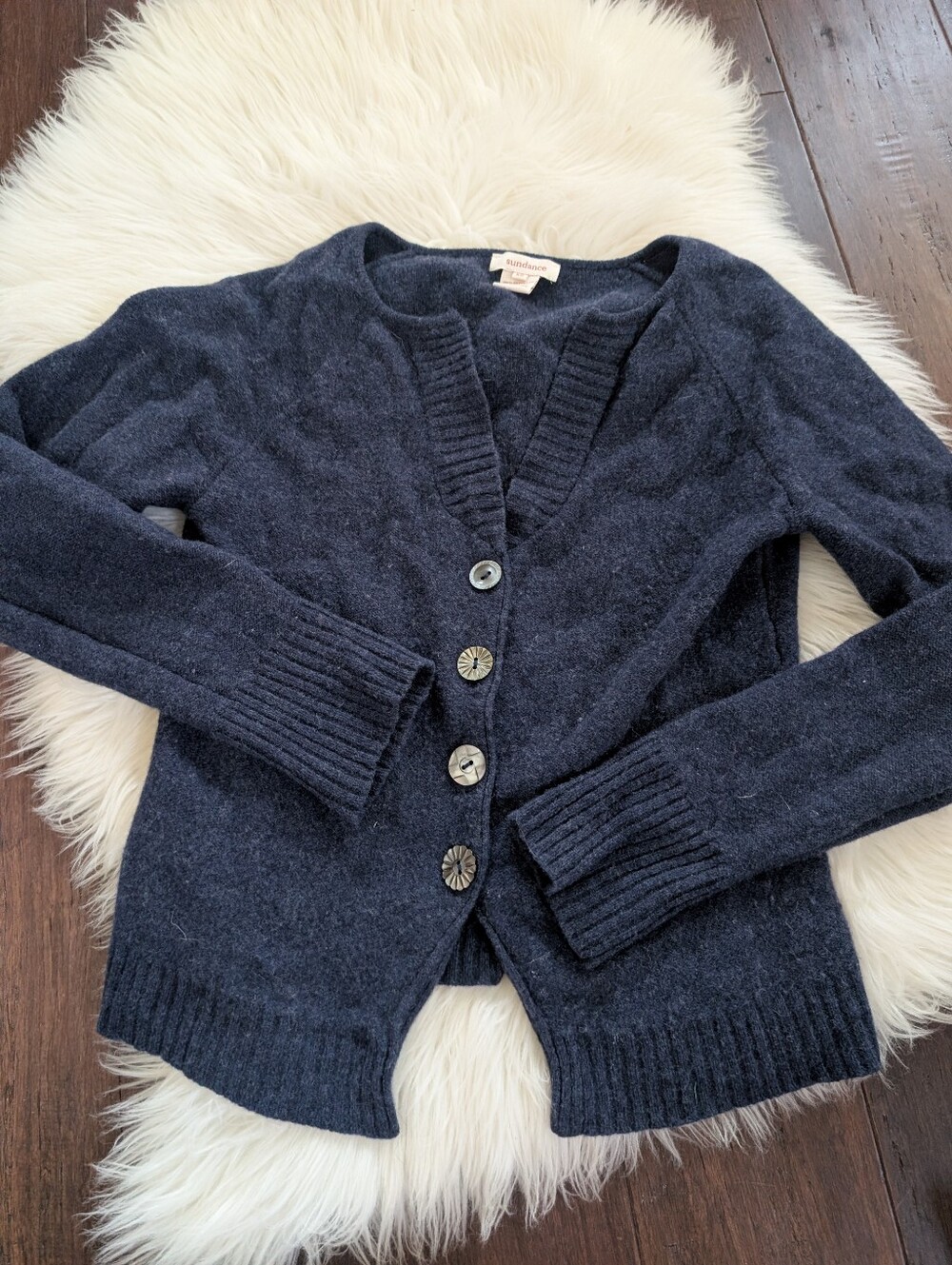 Sundance Extra Fine Merino Wool Navy Button-Up Cardigan Sweater XS
